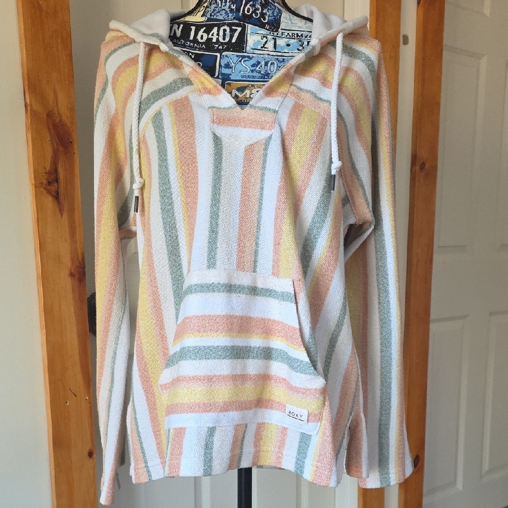 Roxy 🦋 Striped Hoodie Womens M Boho Pastel Yellow Peach Green Sweater